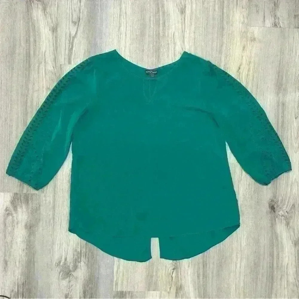 Market & Spruce Embroidered Cutout 3/4 Sleeve Top Green Blouse Shirt Size L